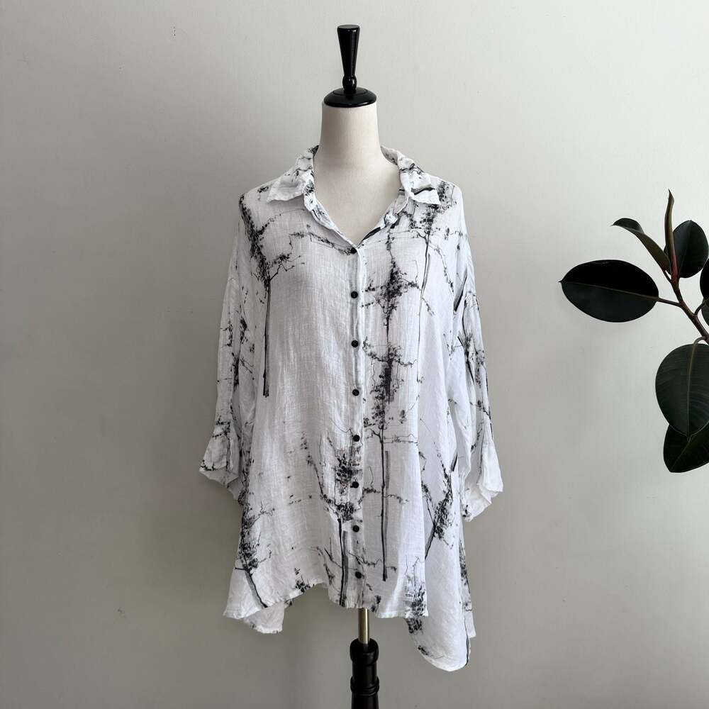 Grizas 100% Linen Abstract Print Button Down Tunic Blouse